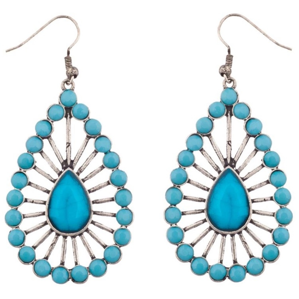 TURQUOISE JEWELRY EARRINGS 
TEARDROP SILVER 
2 inches length 1 inch width